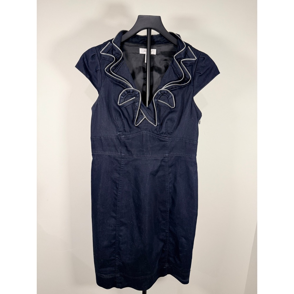 Dressbarn Womens Blue Denim Zipper Trim Ruffle Neck Sheath Dress Size 8